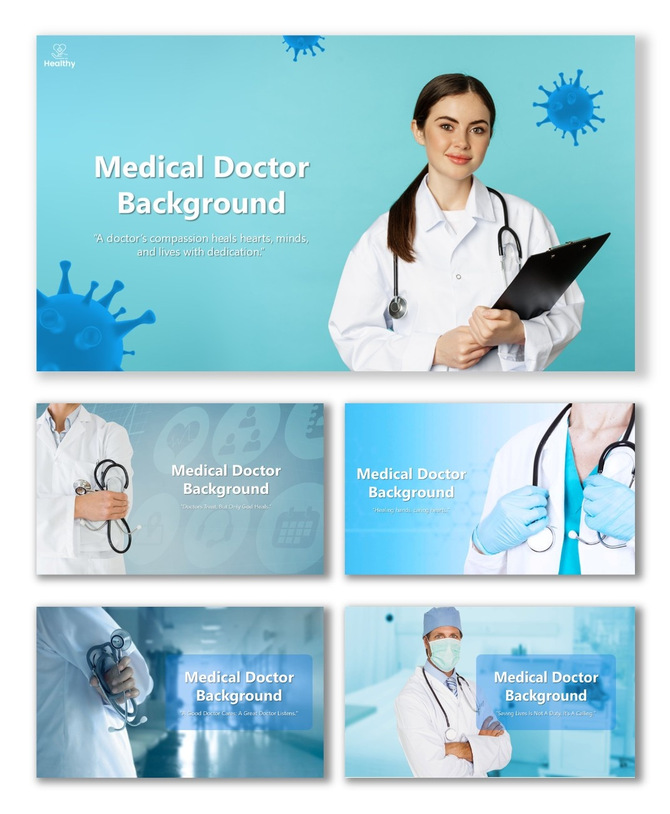 Medical doctor background slides with doctors, stethoscopes, and blue hospital-themed healthcare visuals.