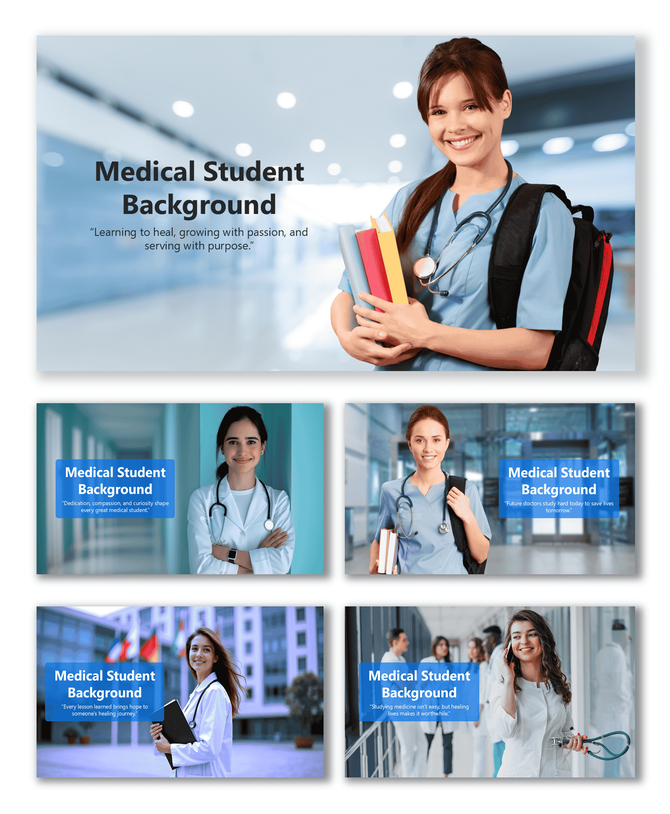 Medical Student Background with students in scrubs holding books and stethoscopes in hospital setting.