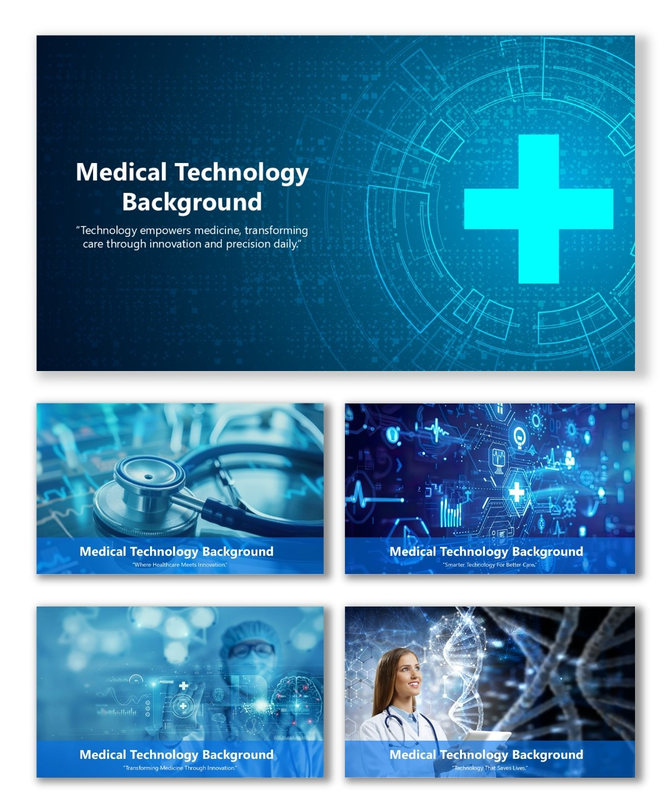 Medical technology background slides with stethoscope, DNA, and digital healthcare icons on a blue tech theme.