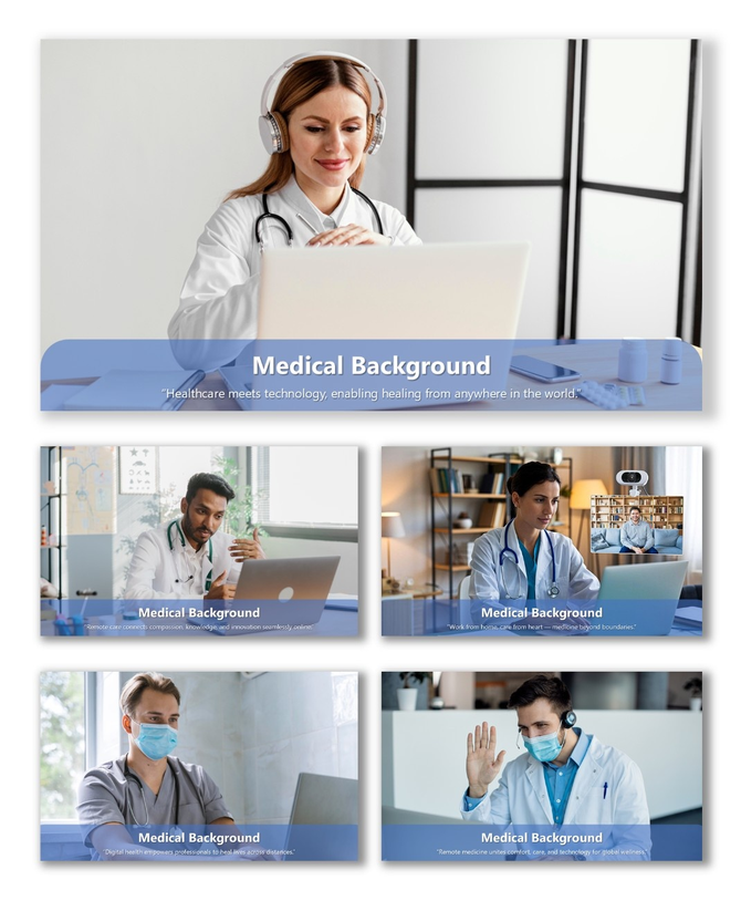 Remote jobs With medical background slides showing doctors using laptops and headsets for online consultations.