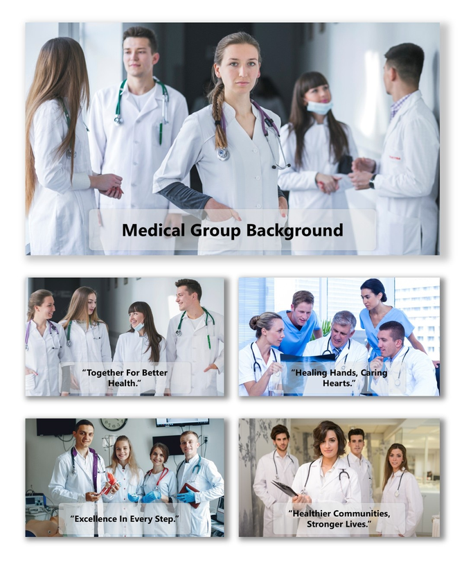 Medical group background slides showing doctors collaborating in white coats, symbolizing teamwork and healthcare unity.