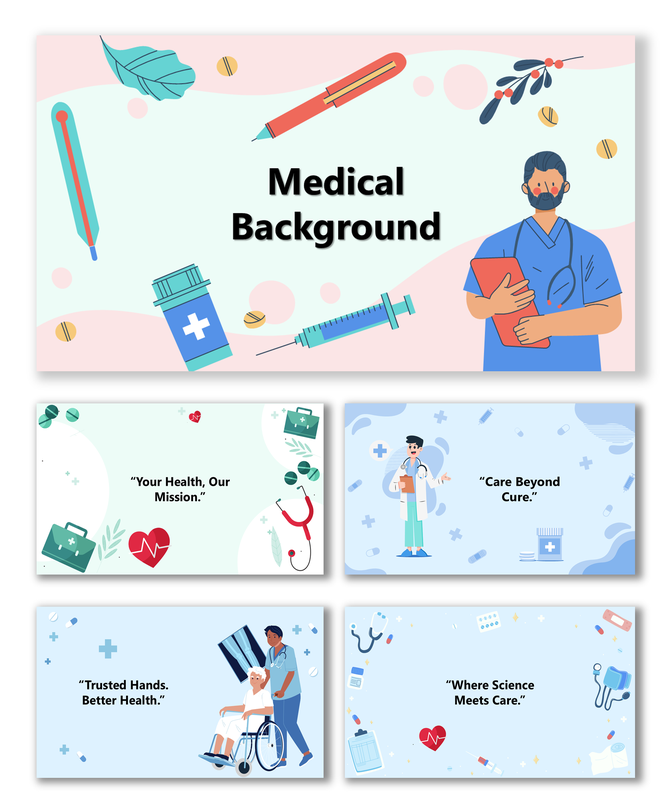 Medical Vector Background with doctor illustration, syringe, pills, and stethoscope on pastel layout.