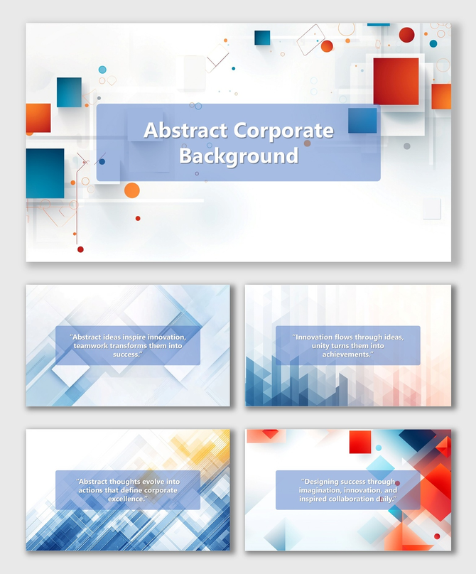 Abstract Corporate Background with blue and orange geometric blocks, gradient shapes, and text box layout.