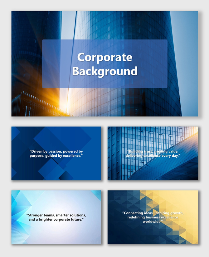 Corporate background for PPT with blue glass buildings, geometric shapes, and gradient light effects.