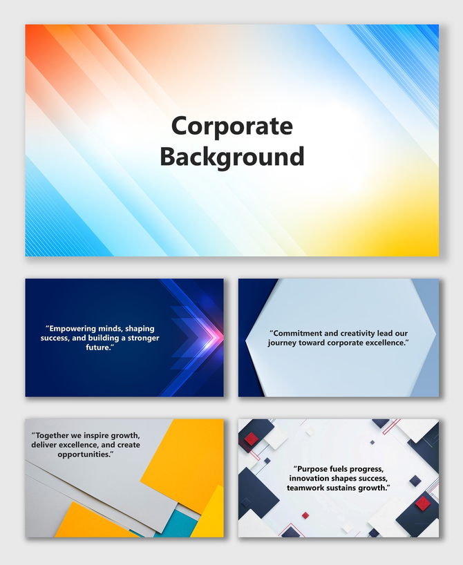 Corporate background slides with blue, orange, and yellow gradient shapes and modern geometric layout.