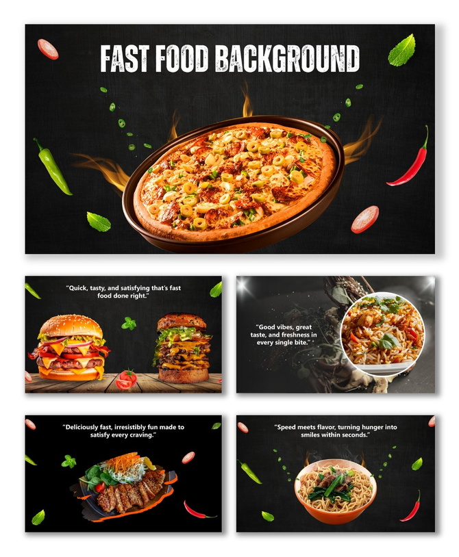 Background Of Fast Food with pizza, burgers, noodles, and spicy herbs on a dark textured layout.