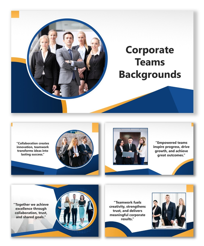 Corporate Teams Backgrounds with business professionals in suits and modern blue-orange geometric design.