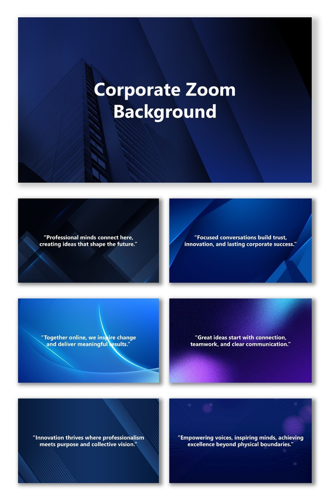 Corporate Zoom Background with blue gradient tones, abstract shapes, and modern professional layout.