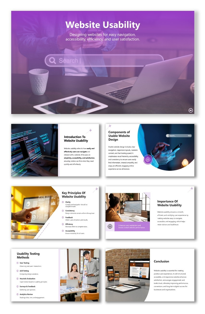 Website Usability presentation with laptops, tablets, and purple theme showing user-friendly web design.