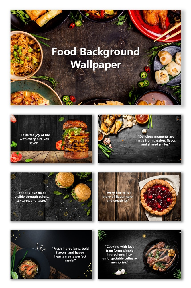 Food Background Wallpaper with colorful dishes, burgers, noodles, and desserts on rustic dark surface.