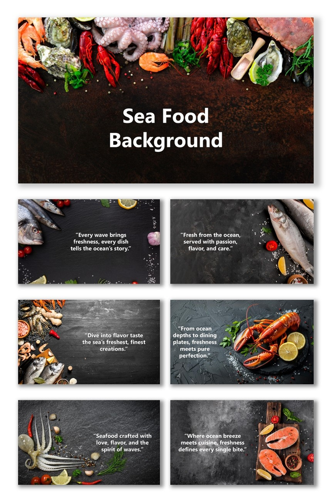 Sea Food Background with fish, shrimp, lobster, and oysters on dark textured surface with herbs and lemon.
