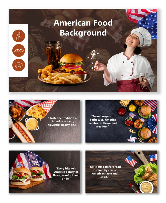 American Food Background with burgers, fries, soda, and chef styled with US flag and rustic table setup.