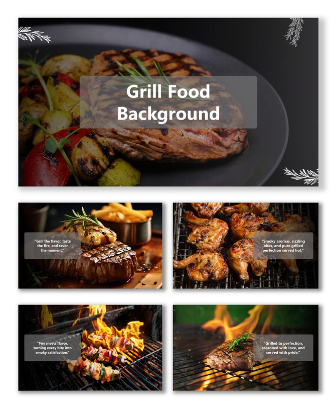Grill Food Background with sizzling steak, grilled veggies, and smoky flames on dark rustic surface.