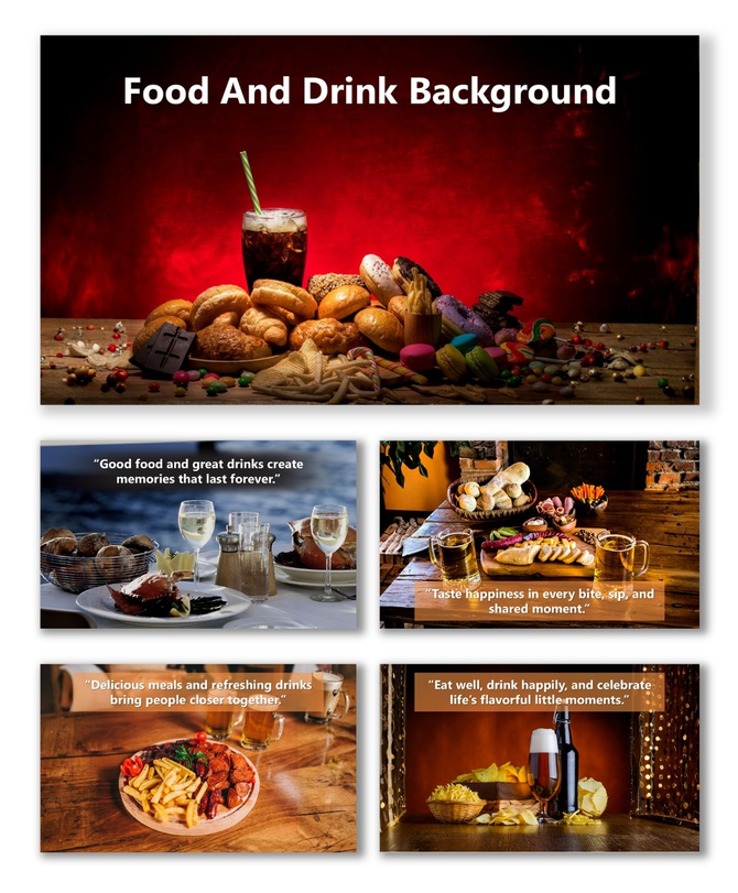 Food And Drink Background with bread, fries, soda, and snacks on a wooden table under warm lighting.