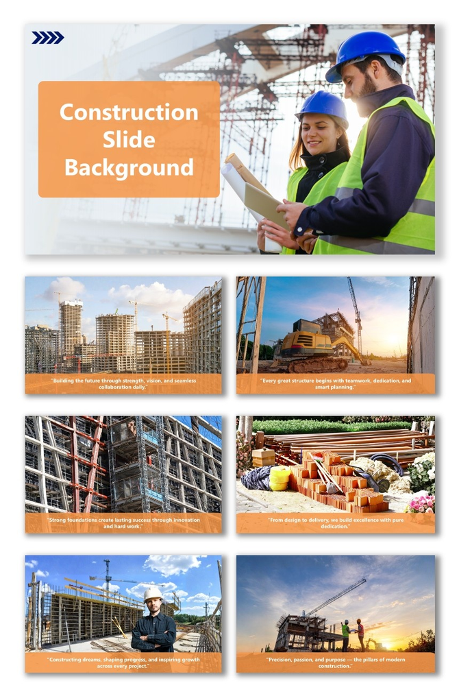 Construction Slide Background with engineers, cranes, and orange-themed design for modern project visuals.