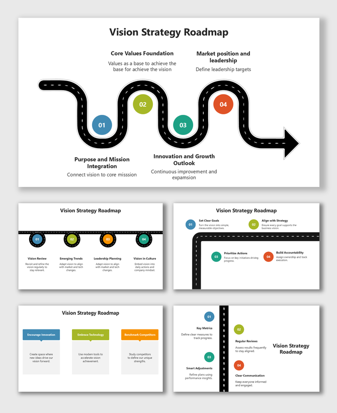 Vision Strategy Roadmap with curved path, step circles, and colorful milestones showing mission to growth progress.