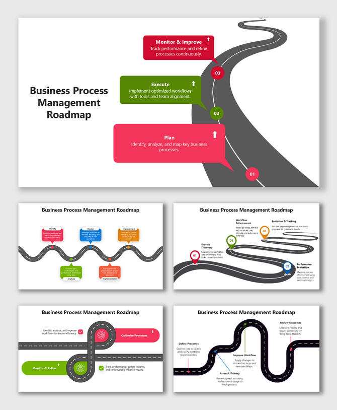 Business Process Management Roadmap with curved road, colorful labels, and workflow stages for process improvement.
