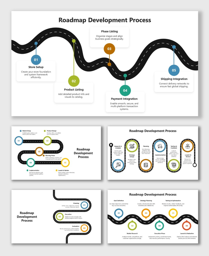 Roadmap Development Process with a curved road, five milestone steps, icons, and colored text boxes.