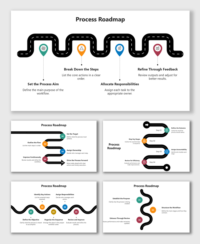 Process Roadmap PowerPoint with winding road, colored step markers, icons, and clear workflow text.