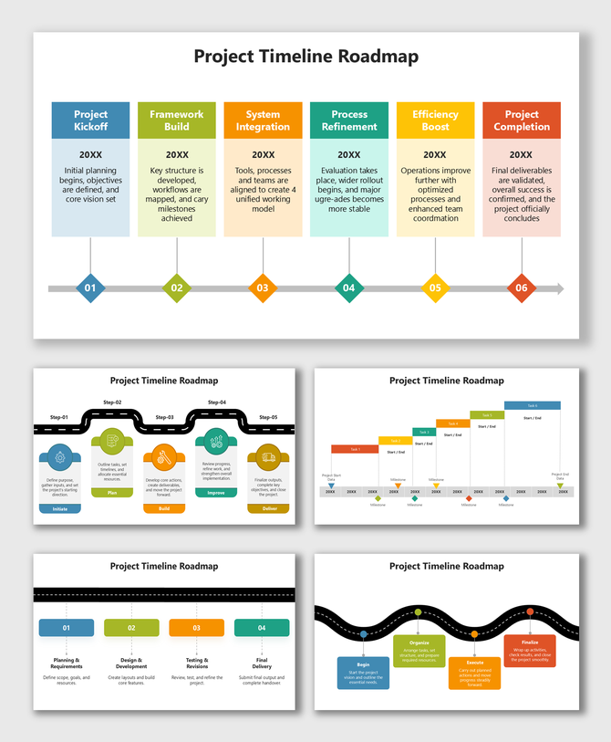 Project Timeline Roadmap with color-coded phases, milestone icons, and road-style timeline showing project flow.