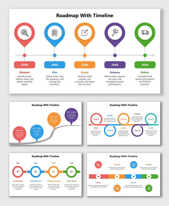 Roadmap With Timeline slides showing colorful milestone icons, arrows, and step labels across multiple roadmap layouts.