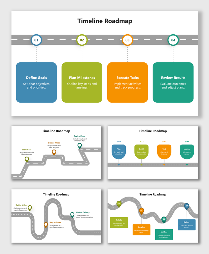 Timeline Roadmap Design with curved road lines, colorful milestone boxes, icons, and clear step-by-step text labels.