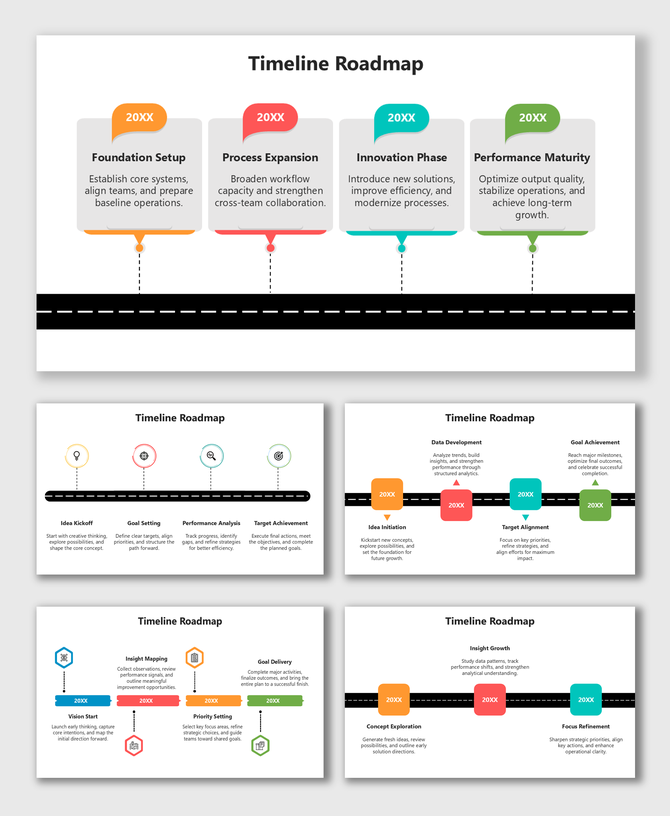 Timeline Roadmap Example with multicolor milestone blocks, icons, and a road graphic outlining project phases.