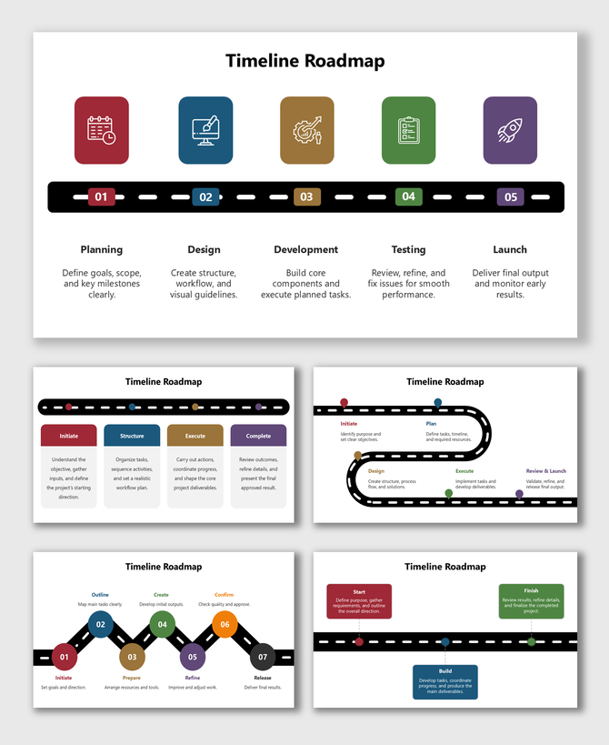 Timeline Roadmap PPT with colored icons, numbered stages, and a dashed road showing project steps from plan to launch.