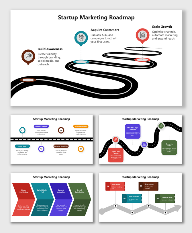 Startup Marketing Roadmap showing multi-color steps, curved roads, icons, and text boxes for each marketing stage.
