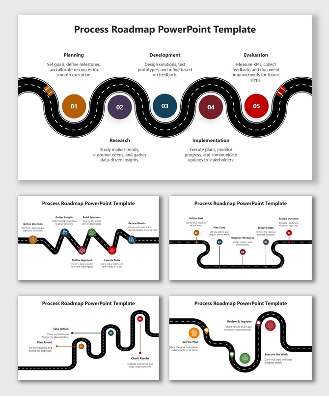Process Roadmap Template PowerPoint with curved roads, colored steps, icons, and text boxes showing key workflow stages.