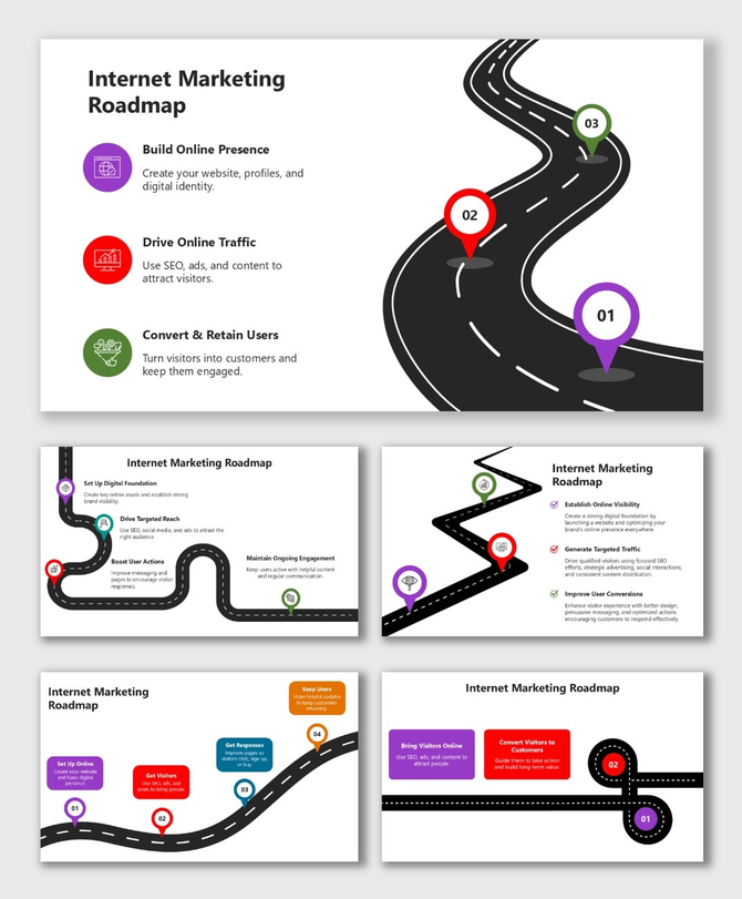 Internet Marketing Roadmap with curved roads, colored step markers, icons, and text boxes for traffic and conversion flow.