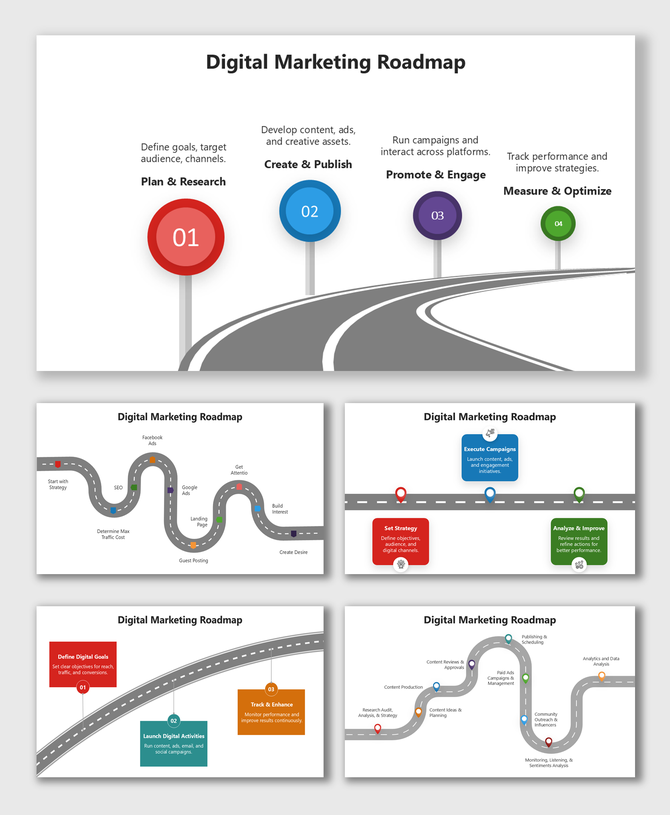 Roadmap To Digital Marketing with curved roads, colored steps, icons, and text boxes showing key digital
