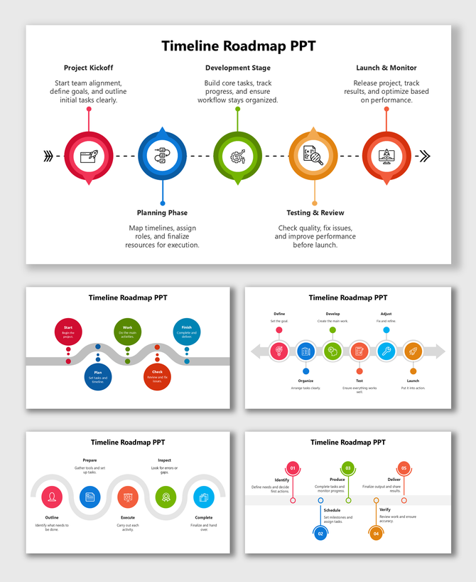 Timeline Roadmap In PPT with colored step circles, dotted timeline, icons, and short labels for project phases.