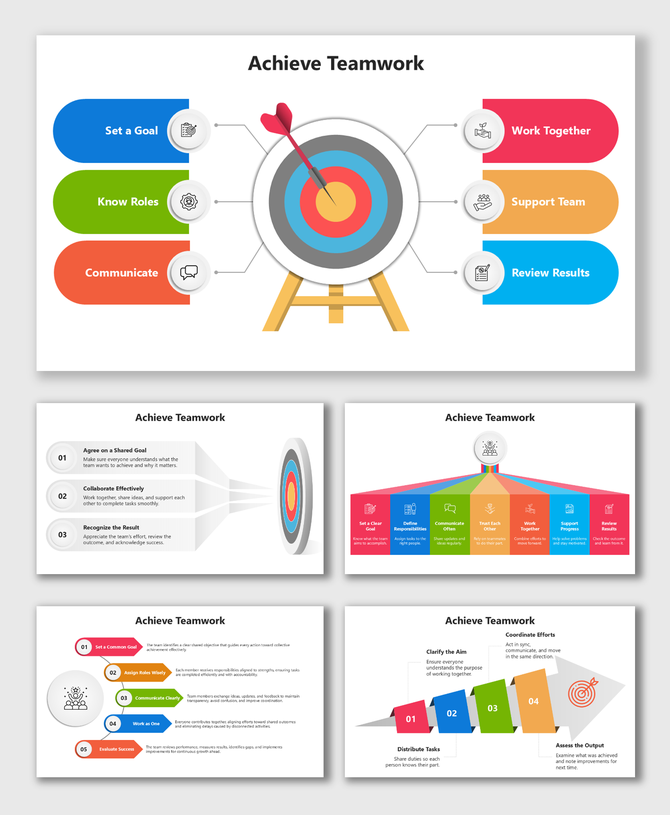 Achieve Teamwork with target graphic, colorful steps, icons, and brief labels for goals, roles, communication, and support.