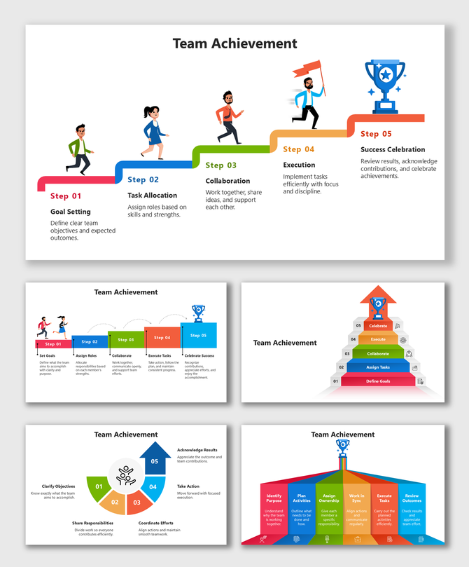 Team Achievement Slides with colorful steps, characters, icons, and brief labels for goals, tasks, teamwork, and success.
