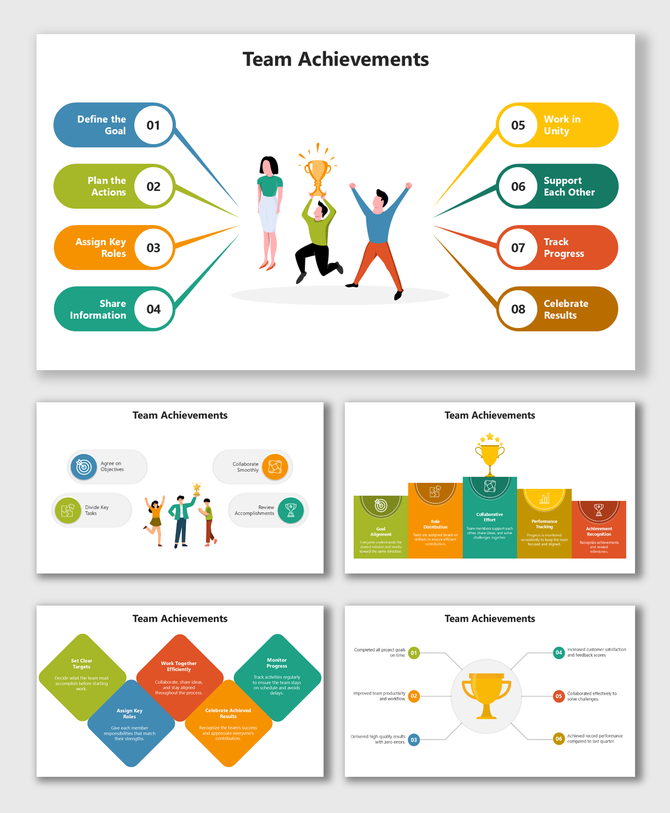 Team Achievements with colorful steps, icons, and characters showing goals, roles, teamwork, tracking, and celebration.