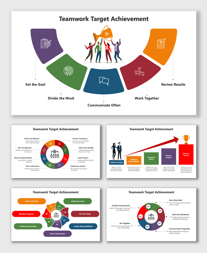 Teamwork Target Achievement with colorful steps, icons, and team graphic showing goals, tasks, teamwork, and review.