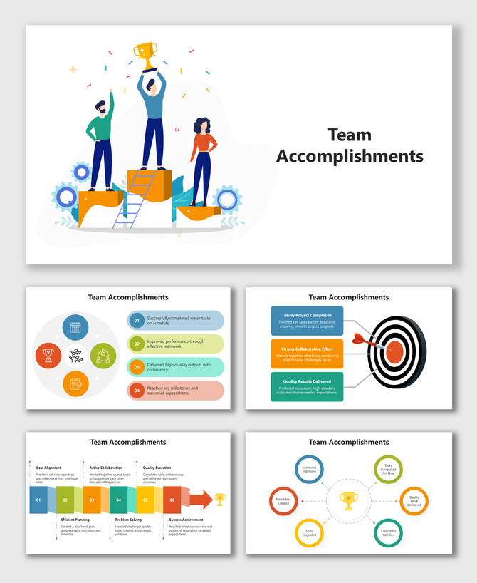 Team Accomplishments Slide Template with team illustration, trophy icons, colorful steps, and key result highlights.