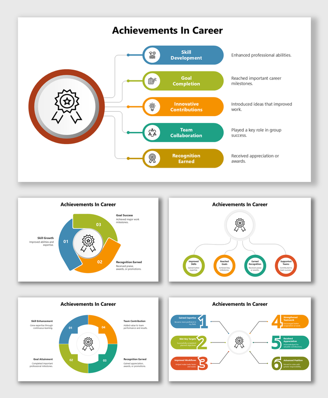 Best Achievements In Career showing multicolor shapes, badge icon, and short texts for growth, milestones, and recognition.