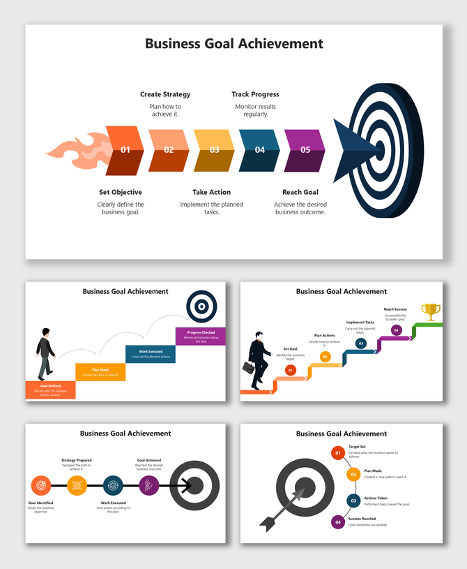Business Goal Achievement with colorful steps, icons, and arrow-to-target graphic showing planning, action, and success.