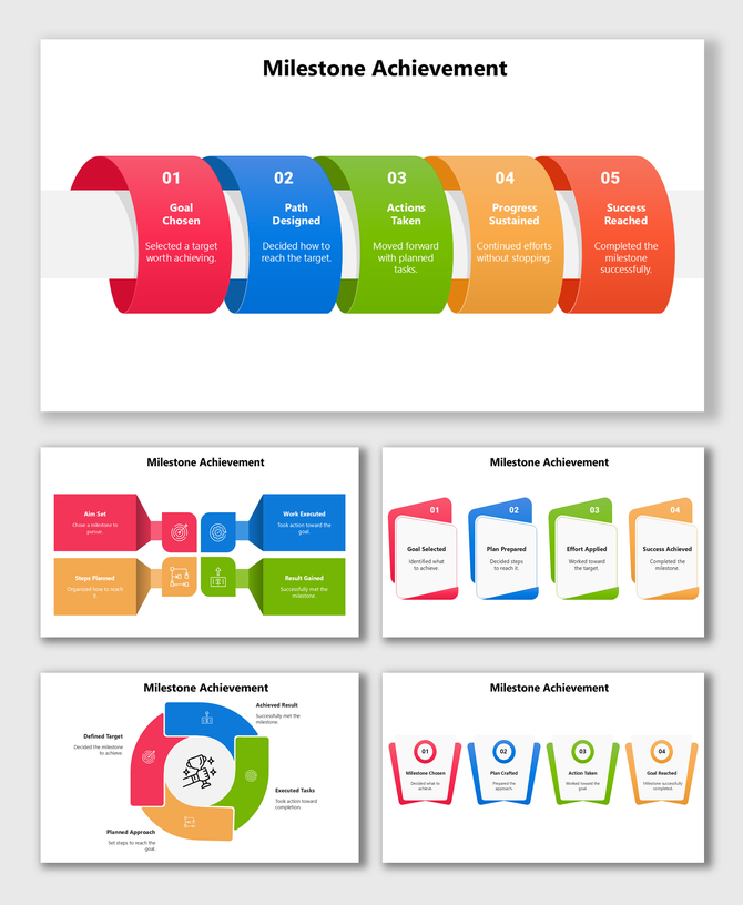 Milestone Achievement PowerPoint Slides with colorful step blocks showing goal, plan, action, success.