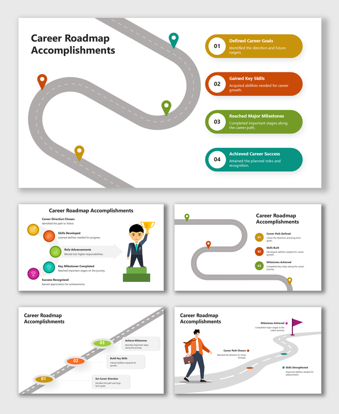 Career Roadmap Accomplishments slide with curved road, colored pins, and steps for goals, skills, and milestones.