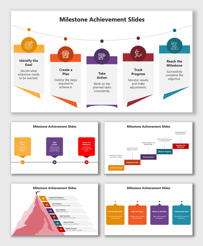 Milestone Achievement Slides with colorful steps, icons, and timeline guiding goals to completed milestones.