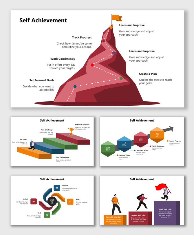 Self Achievement visuals featuring a mountain climb path, bright steps, icons, and actions for progress and success.