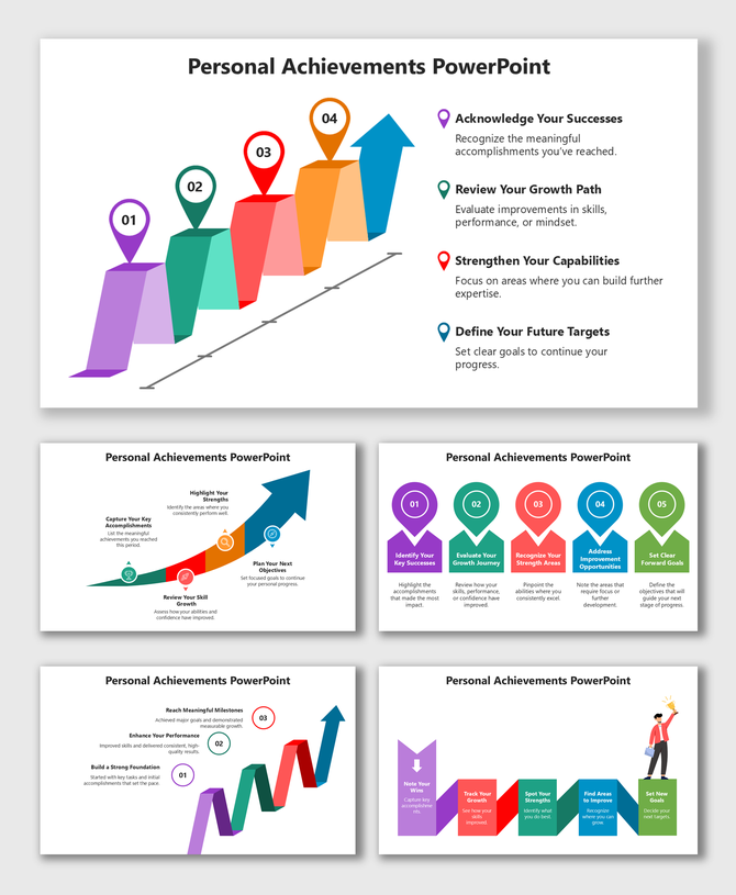 Personal Achievements PowerPoint with colorful steps, markers, and icons showing growth, strengths, and goals.