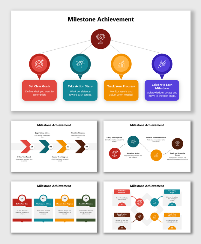 Free Milestone Achievement PowerPoint with colorful icons and steps showing goals, actions, progress tracking, and success.