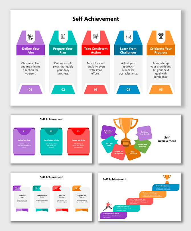 Self Achievement Examples showing multi-color steps, action icons, and trophy elements for growth.