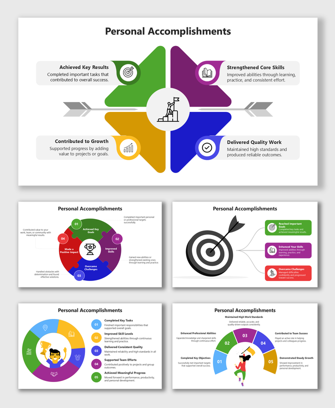Personal Accomplishments slide with colorful shapes, icons, and text showing key wins and growth.
