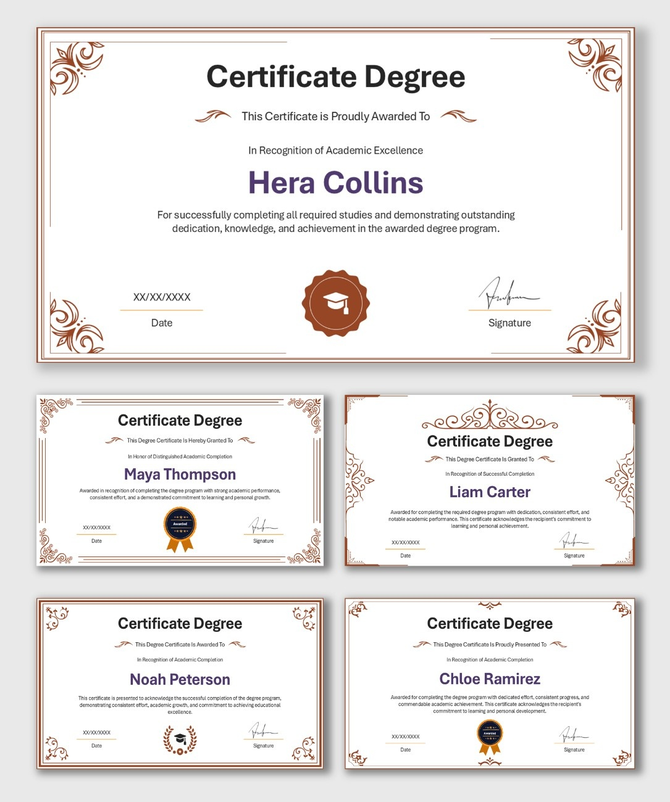 Certificate Degree templates with brown borders, name fields, award seals, and signature spaces for academic recognition.