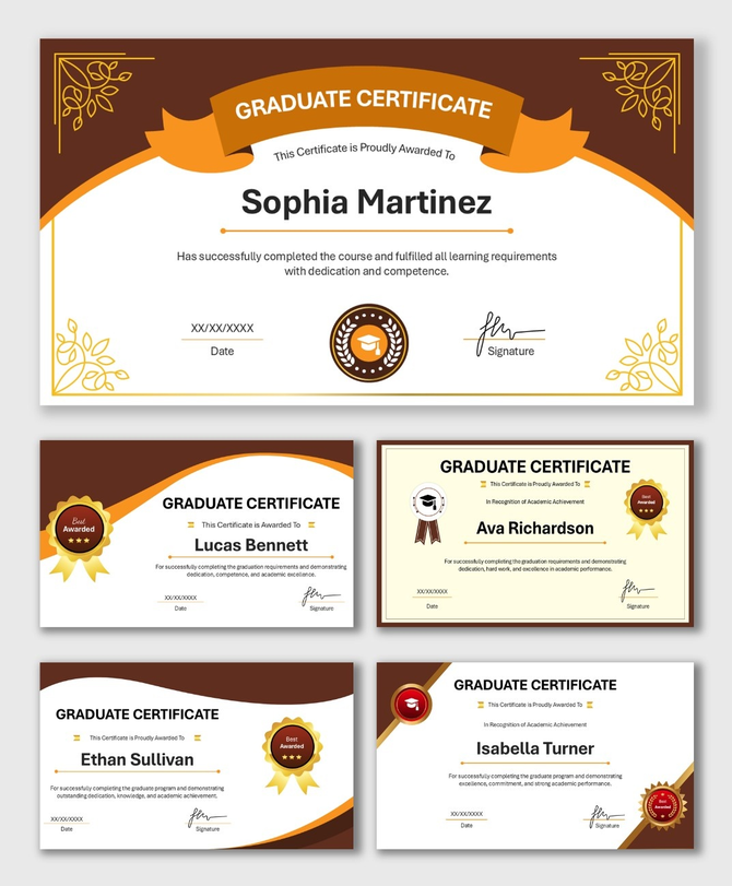 Graduate Certificate templates with brown-gold ribbons, award seals, name text, date, and signature fields.